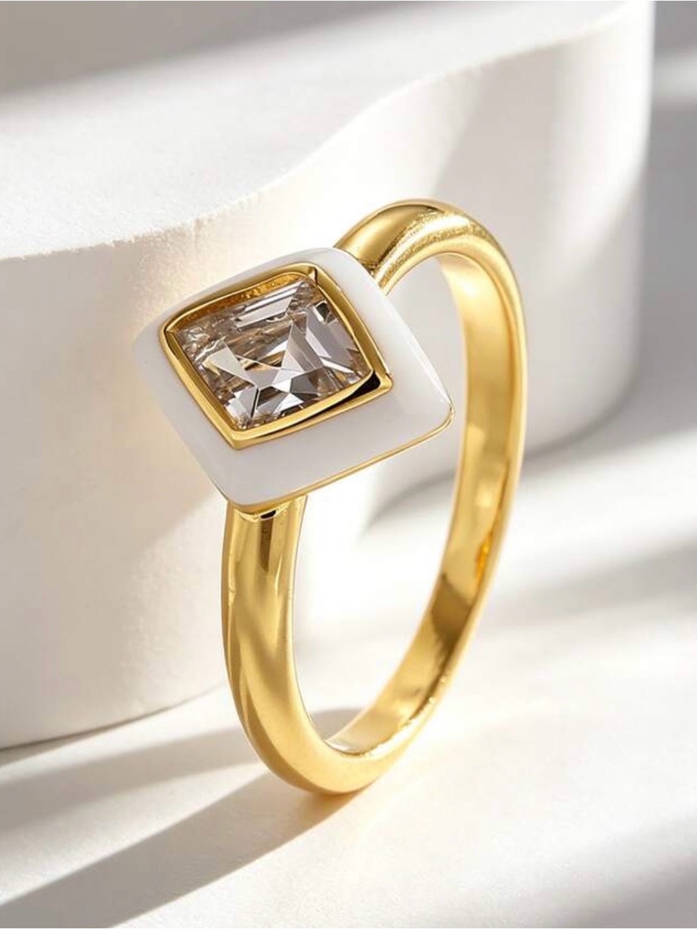 Gold Tone Ring with White Accent and Clear Stone A2171